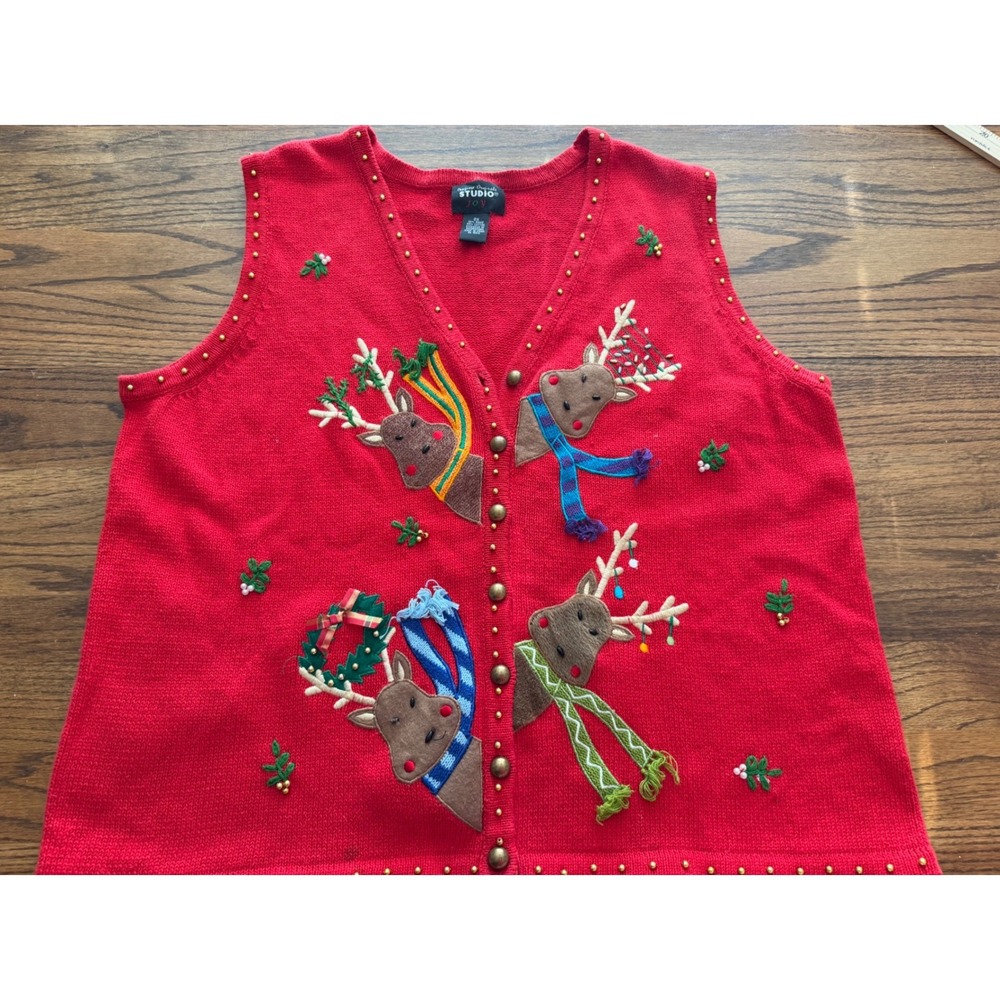 Designers Originals Studio Joy Reindeer Christmas Sweater Vest Red Plus 2X
